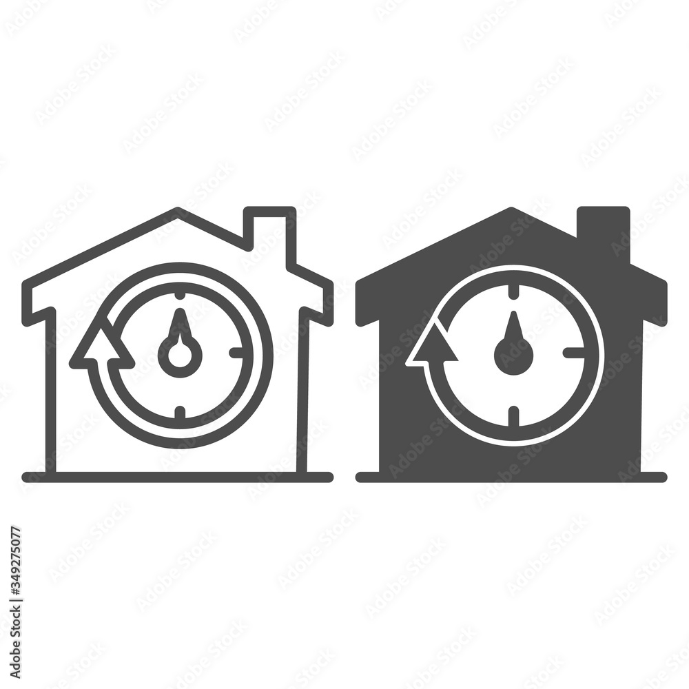 Poster building and stopwatch with arrow line and solid icon, smart house symbol, fast home delivery vector