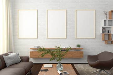 Three vertical blank poster on white brick wall in interior of modern living room with clipping path around poster. 3d illustration