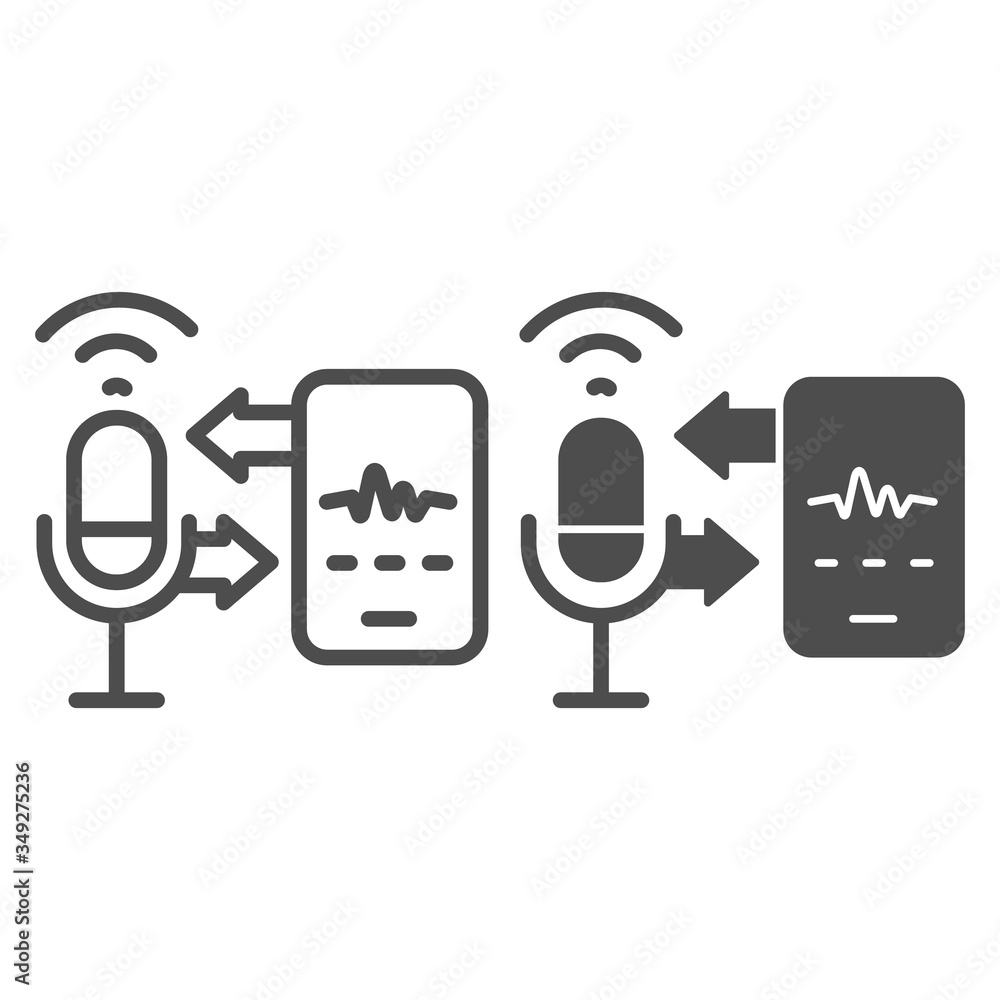 Aufkleber microphone and sound recording with smartphone line and solid icon, smart home multimedia symbol, sp