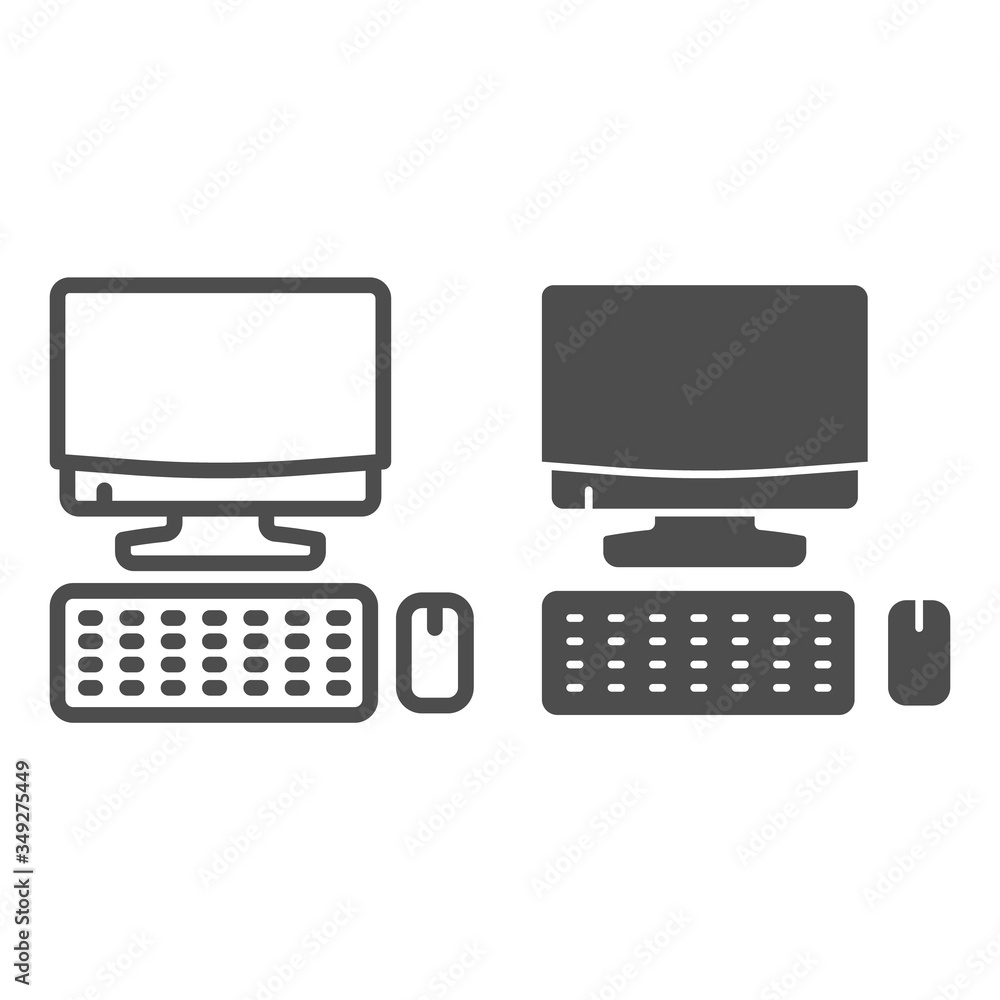 Poster computer monitor with keyboard and mouse line and solid icon, smart home symbol, technology vector s