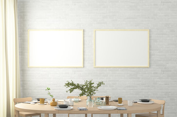 Two horizontal blank posters on white brick wall in interior of modern dining room. Clipping path around poster. 3d illustration