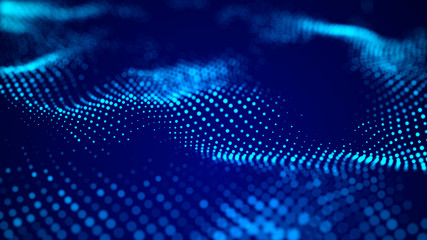 Abstract blue futuristic background. Big data visualization. Digital dynamic wave of particles. 3D rendering.