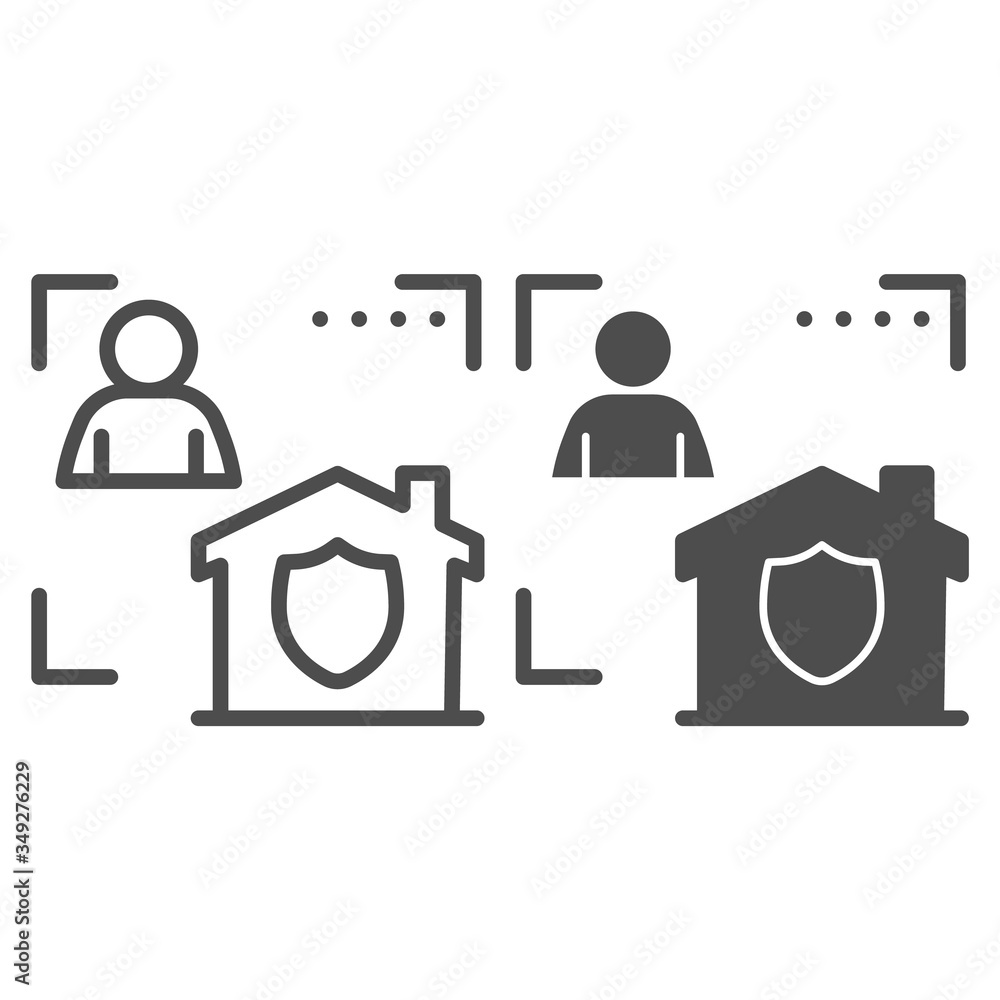 Poster man with house in frame and security emblem line and solid icon, smart home symbol, identity autoriz