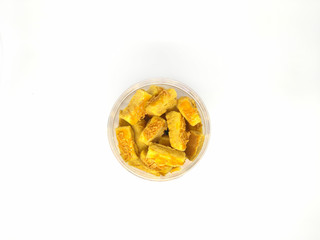 Rectangular cheese sticks on a white background