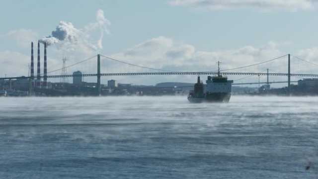 HALIFAX, NOVA SCOTIA, HARBOUR SEA SMOKE, SHIP (TIME-LAPSE)