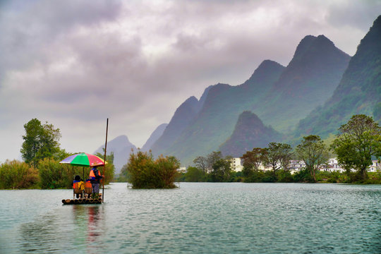 Bamboo boat ride on the Yulong River in Yangshuo, China