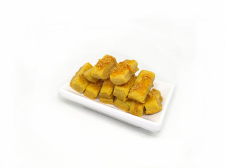 Rectangular cheese sticks on a white background