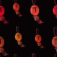 seamless pattern with traditional Chinese red lanterns on black background. Chinese New Year. Print, packaging, wallpaper, textile, fabric design