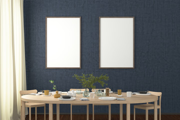 Two vertical blank posters on blue concrete wall in interior of modern dining room. Clipping path around poster. 3d illustration