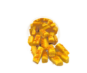 Rectangular cheese sticks on a white background