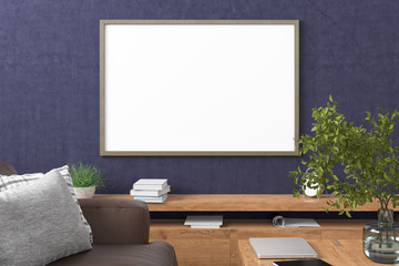 Horizontal blank poster on blue concrete wall in interior of modern living room with clipping path around poster. 3d illustration