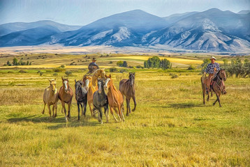 Horse round up on Montana ranch, photo art