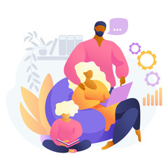 happy family work together at home. husband helps wife to work online and child reads book. freelance. Concept for working, studying, education, work from home, flat. coronavirus, self-isolation