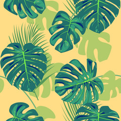 Fototapeta na wymiar Collage modern floral seamless pattern. Tropical exotic jungle fruits and plants illustration in vector.