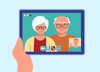 Concept of video calls. A man speaking with people online at home.Video chat with family. Flat vector illustration.