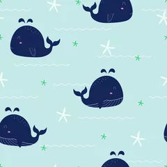 Behang Leuk naadloos patroon Walvis drijven in de zee met zeesterren en watergolven. Handgeschilderde cartoon dierlijke karakter achtergrond gebruikt voor stof, textiel, mode, vectorillustratie. © TEe Du