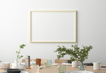 Horizontal blank poster on white wall in interior of modern dining room. Clipping path around poster. 3d illustration