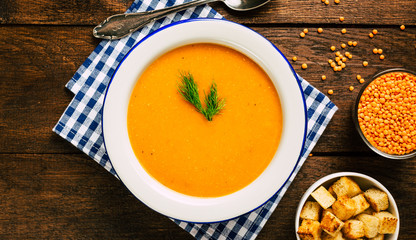 Tasty lentil soup, top view, oriental cuisine