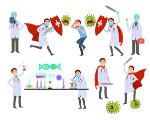 Fototapeta premium Medical team fighting off virus, inventing vaccines. Doctors standing with a thermometer and the vaccine. Doctors are heroes. Victory over the virus. Vector illustration of Corona virus -2019-nCoV 