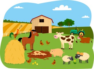 Fototapeta na wymiar Farm animals with landscape - cow, pig, sheep, horse, chicken, hen. Cute cartoon vector illustration in flat style