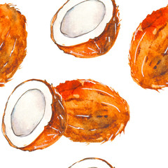 Seamless pattern of ripe coconuts on a white background, painted in watercolor.
