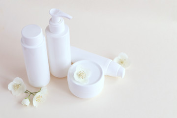 Bottle for cosmetic products without a label. The concept of skin care face.