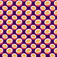 Seamless pattern of ripe passion fruit on a purple background, painted in watercolor.