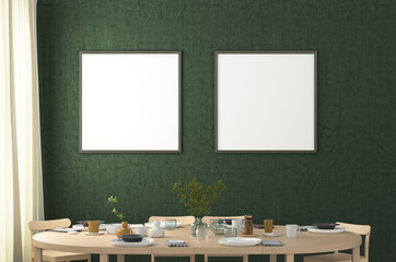 Two square blank posters on green concrete wall in interior of modern dining room. Clipping path around poster. 3d illustration