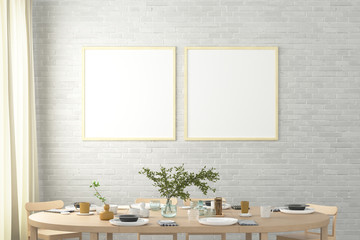 Two square blank posters on white brick wall in interior of modern dining room. Clipping path around poster. 3d illustration