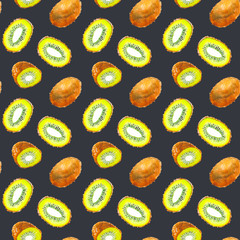 Seamless pattern of ripe kiwis on a gray background, painted in watercolor.