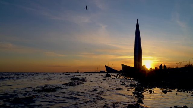 Russia, Lakhta center in Saint Petersburg at sunset and sea view.