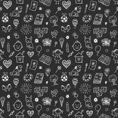 Seamless pattern with doodle children drawing. Doodle chalkboard background