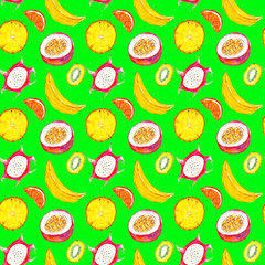 Seamless pattern of tropical fruits on a green background, painted in watercolor.