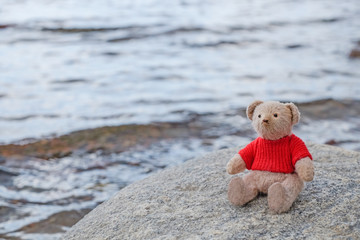 Alone teddy bear sitting on the stone on the beach backgraund