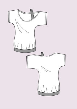 Top donna asimmetrico manica corta con spallina disegno piatto sketch fashion illustration fronte e retro mock up vettoriale