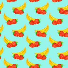 Seamless pattern of bananas and strawberries on a light blue background, painted in watercolor.