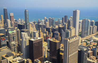 Fototapeta na wymiar Aerial view of Chicago city with skyscapers and Lake Michigan as seen from Willis tower