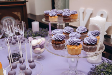 Festive sweet table. Cupcakes and cookies. Cake and sweets.