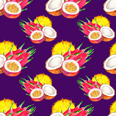 Seamless pattern of tropical fruits on a purple background, painted in watercolor.