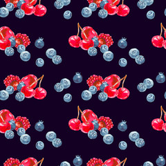 Seamless pattern of ripe berries on a dark blue background, painted in watercolor.