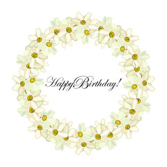 Happy Birthday! frame of white flowers of daffodils. Vector stock illustration eps 10.