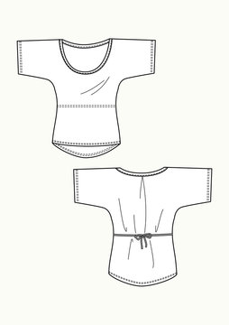 Top donna scollo tondo manica corta con laccetto disegno piatto sketch fashion illustration fronte e retro mock up vettoriale