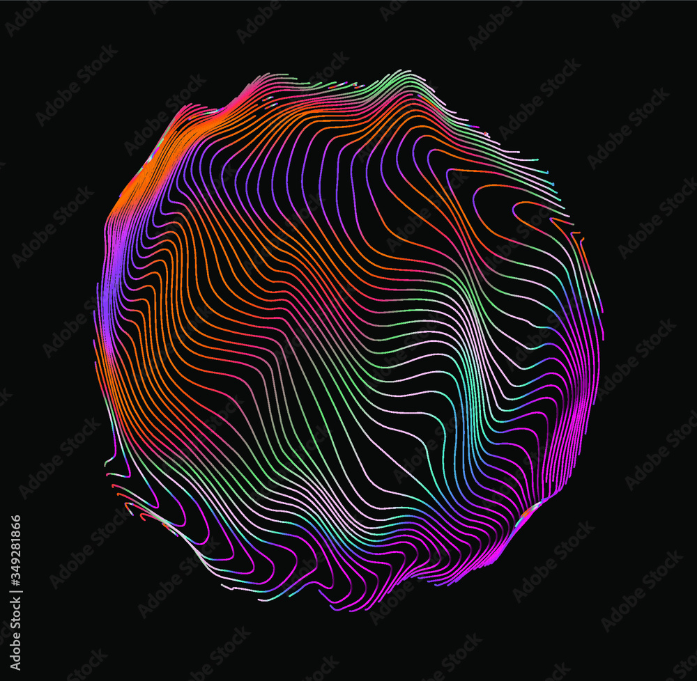 Poster Illuminated holographic circle with glitched wavy texture. Retrofuturistic illustration in 80s-90s synthwave and retrowave chromatic spectrum colors.