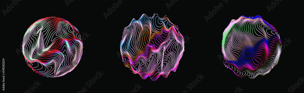 Poster illuminated holographic circle with glitched wavy texture. retrofuturistic illustration in 80s-90s s
