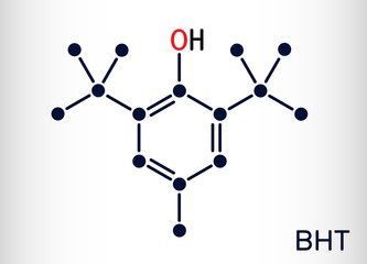 Butylated hydroxytoluene, BHT, dibutylhydroxytoluene molecule. It is lipophilic organic compound, antioxidant, food additive E321. Skeletal chemical formula