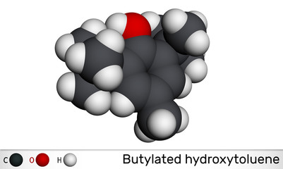 Butylated hydroxytoluene, BHT, dibutylhydroxytoluene molecule. It is lipophilic organic compound, antioxidant, food additive E321. Molecular model