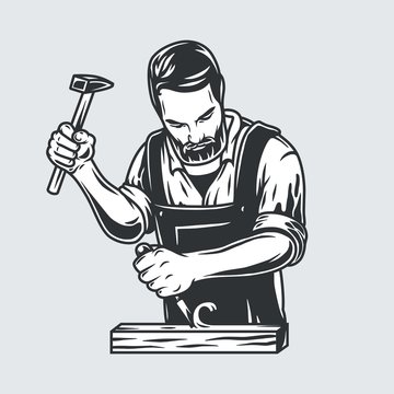 recommend clip art: Carpenter with hammer jack plane. Carpentry logo