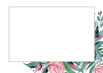  Сomposition of flowers and buds of roses, twigs and green leaves on a white background with a rectangular frame. Cards, business cards, wedding invitations, banners, menus, covers. Watercolor.