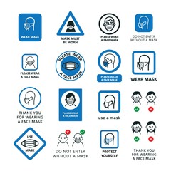 Warning signs to wear a face shield, mask. A large set of icons of people in masks, plates, images indicating attention. Vector.