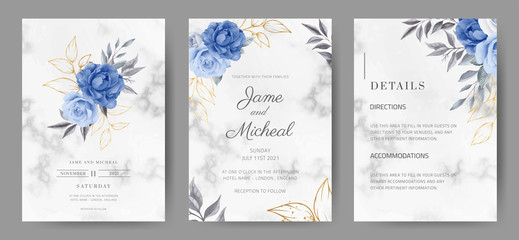 Wedding invitation card with marble background. Rose color in navy blue. Watercolor painted. Tamplate card set.